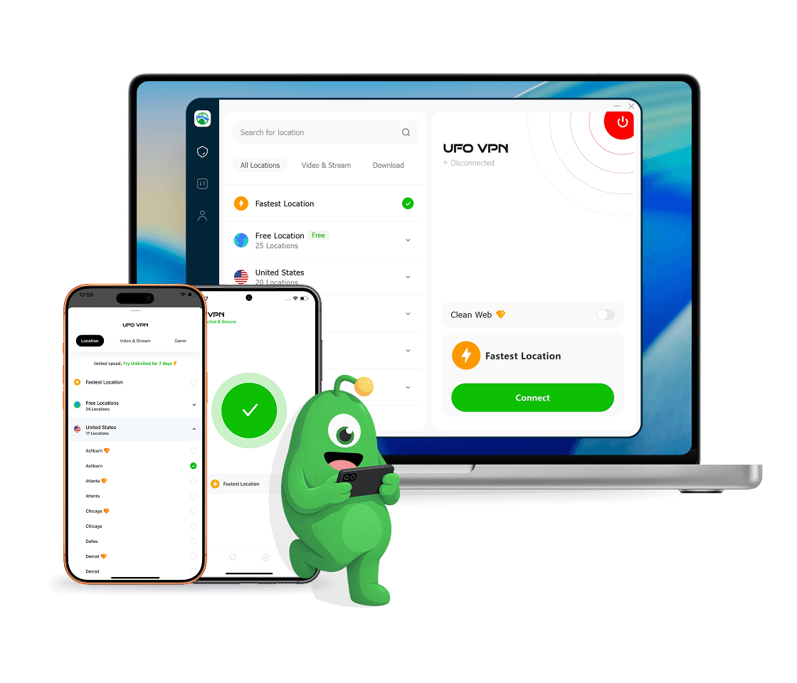 UFO VPN on Windows, Mac, Android, and iOS devices