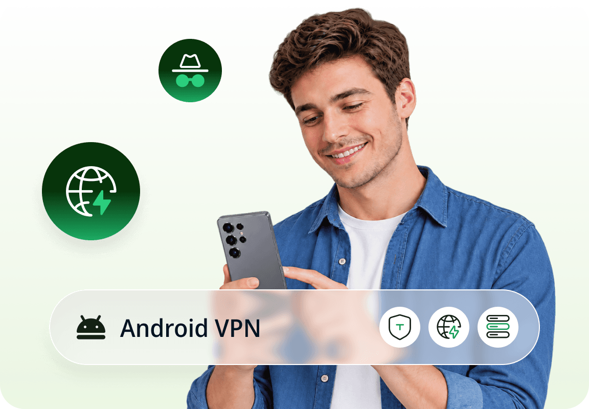 Personne utilisant un téléphone Android avec des superpositions de confidentialité VPN Android