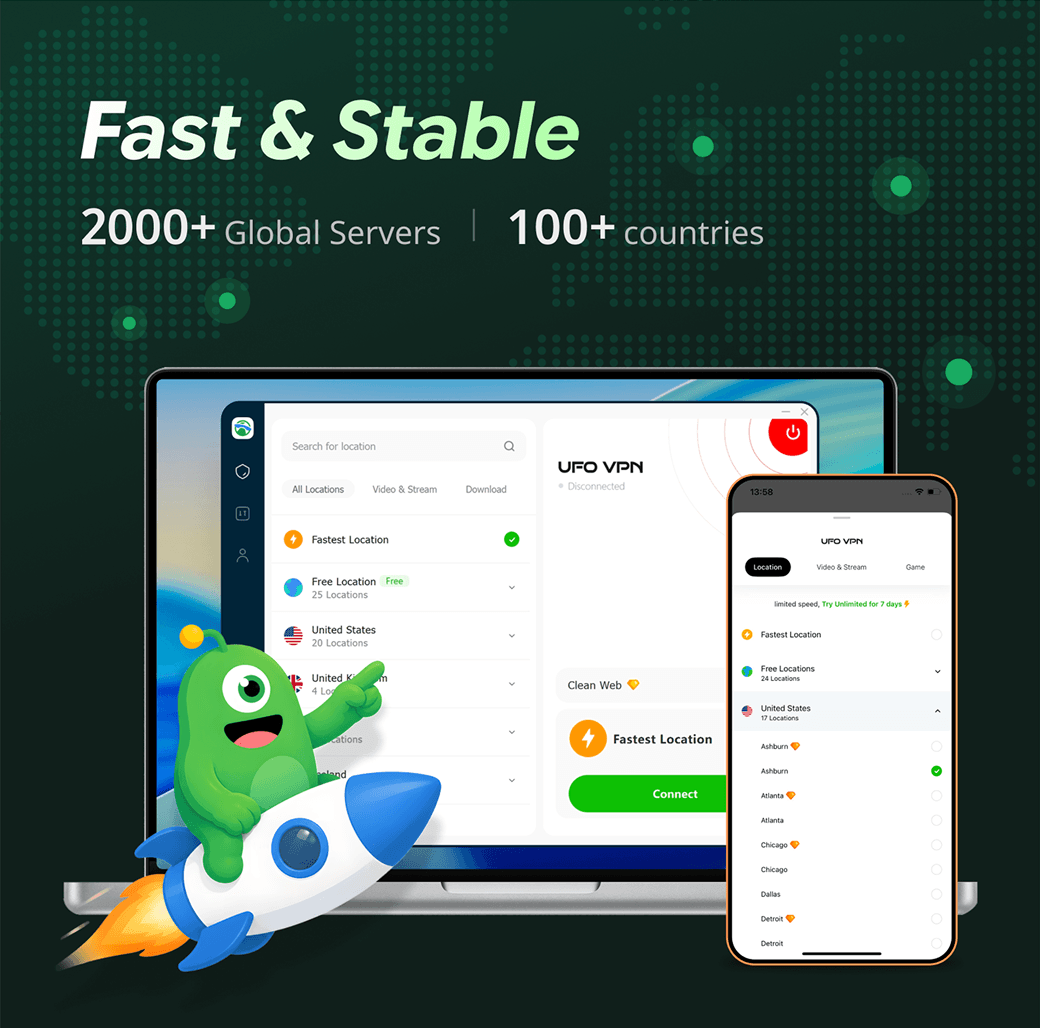 UFO VPN apps on laptop and phone with Fast and Stable global servers