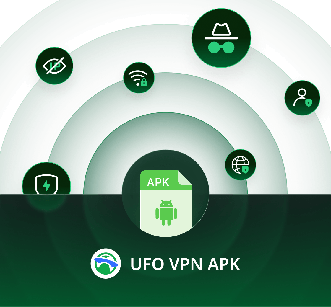 Illustration UFO VPN APK avec des icônes de confidentialité et de sécurité