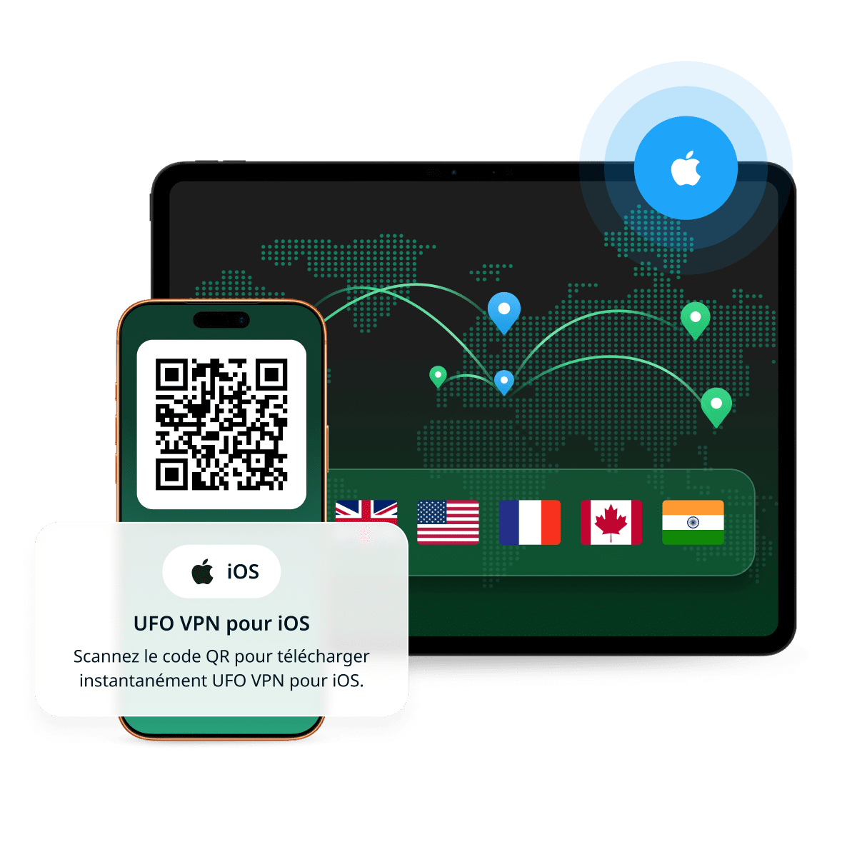 UFO VPN pour iOS affiché sur un iPhone et un ordinateur portable avec des serveurs dans le monde entier