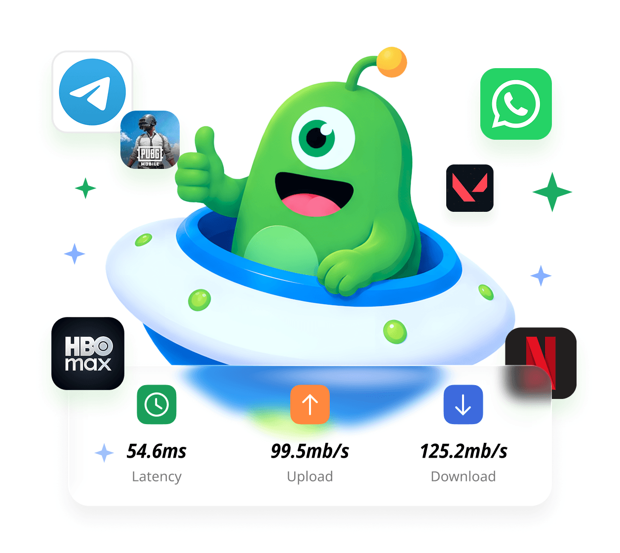 Illustration de l'application UFO VPN avec streaming, jeux et mesures de vitesse