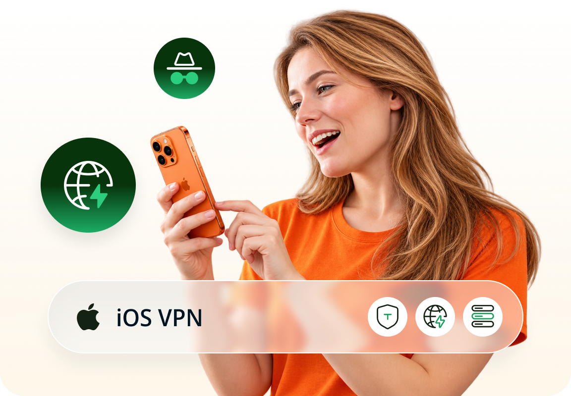 Personne utilisant un iPhone avec des superpositions de confidentialité VPN iOS