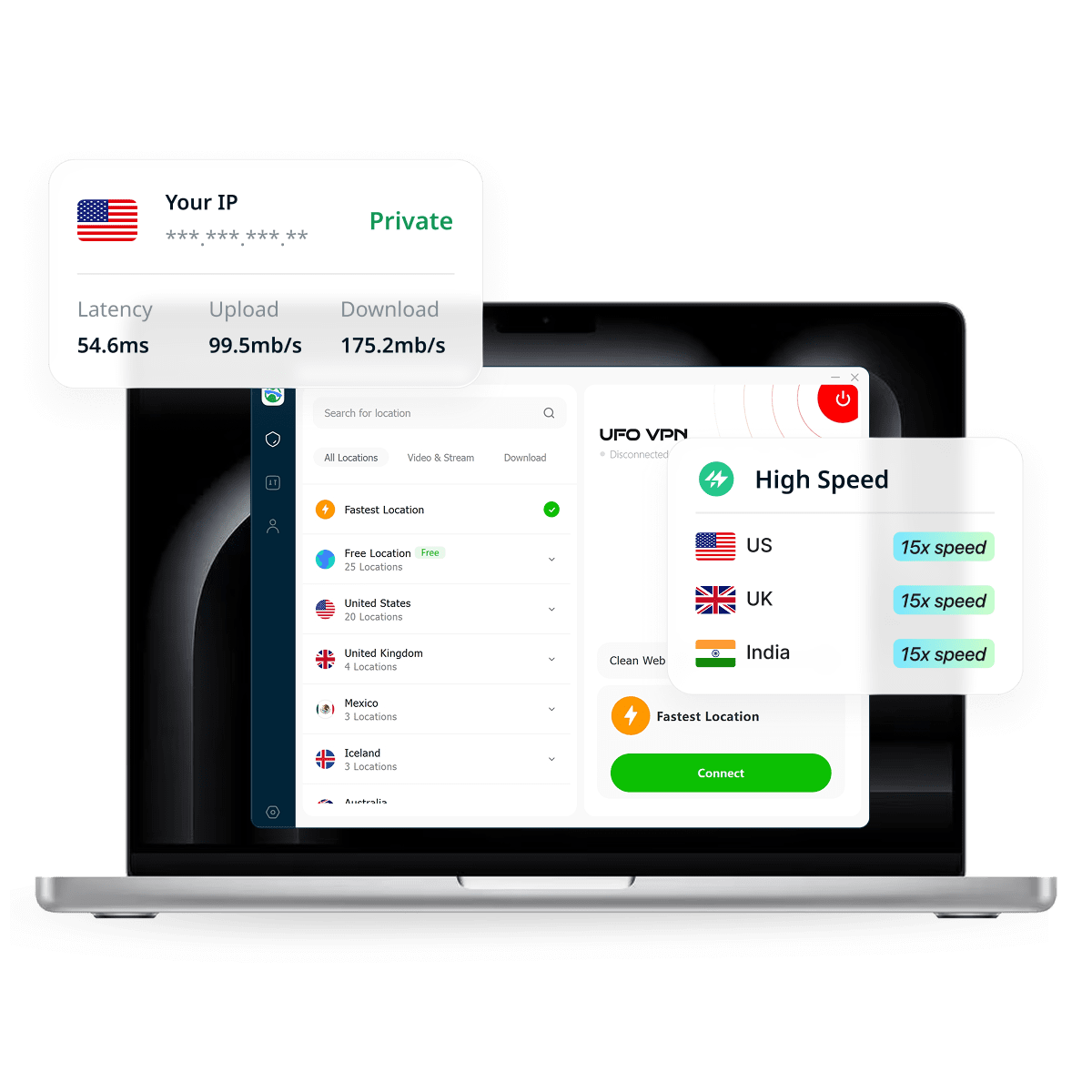 UFO VPN pour Mac affiché sur un ordinateur portable avec la vitesse de connexion et des superpositions de serveurs