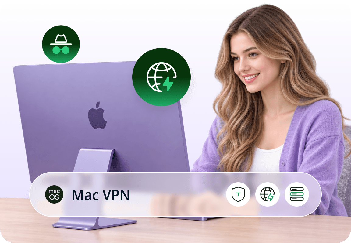 Personne utilisant une connexion VPN Mac avec des superpositions de serveurs et de confidentialité