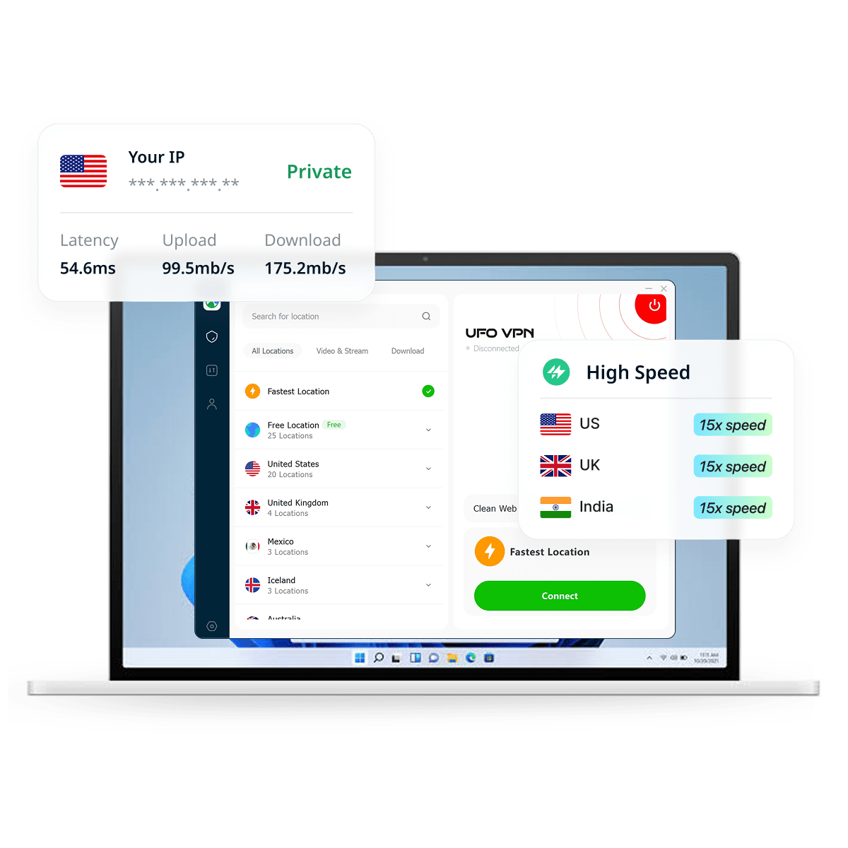 UFO VPN pour Windows affiché sur un PC avec la vitesse de connexion et des superpositions de serveurs